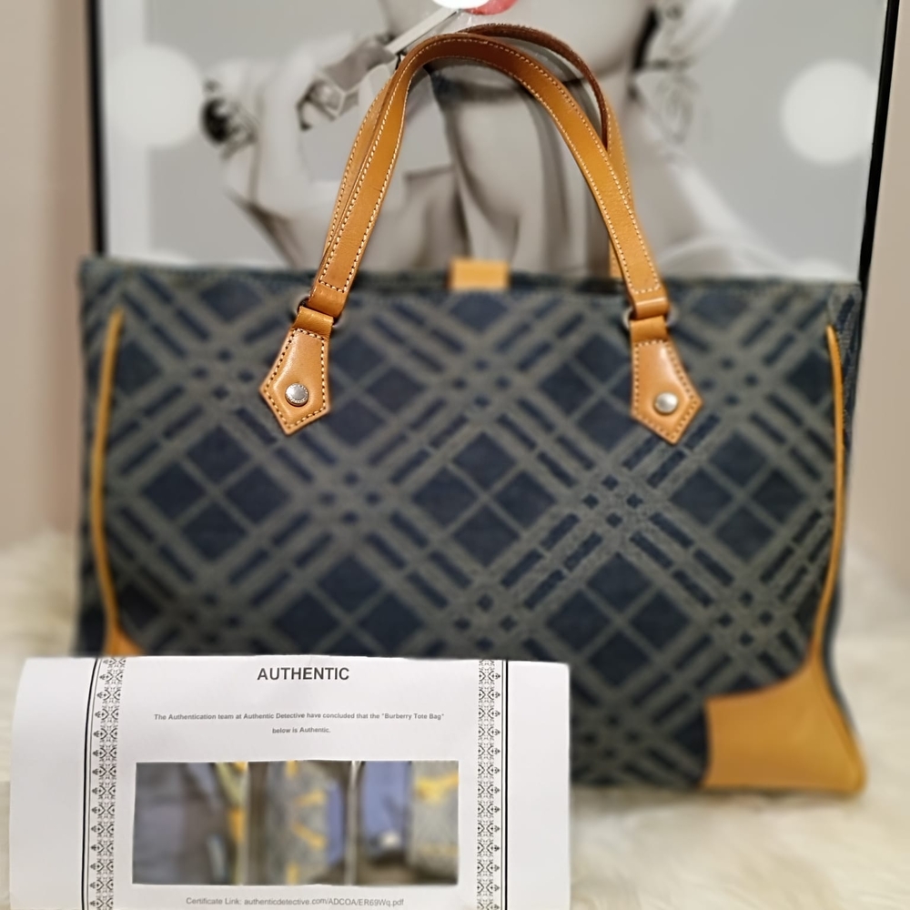 Burberry Blue and Tan Checkered Tote
